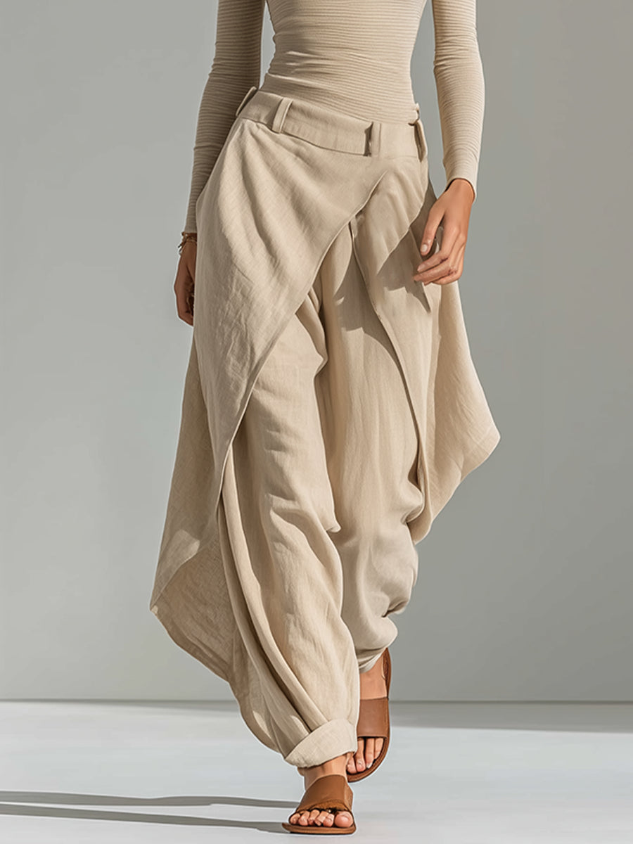 Orsola | Conjunto de Blusa Cuello Bote y Pantalón en Capas, Beige