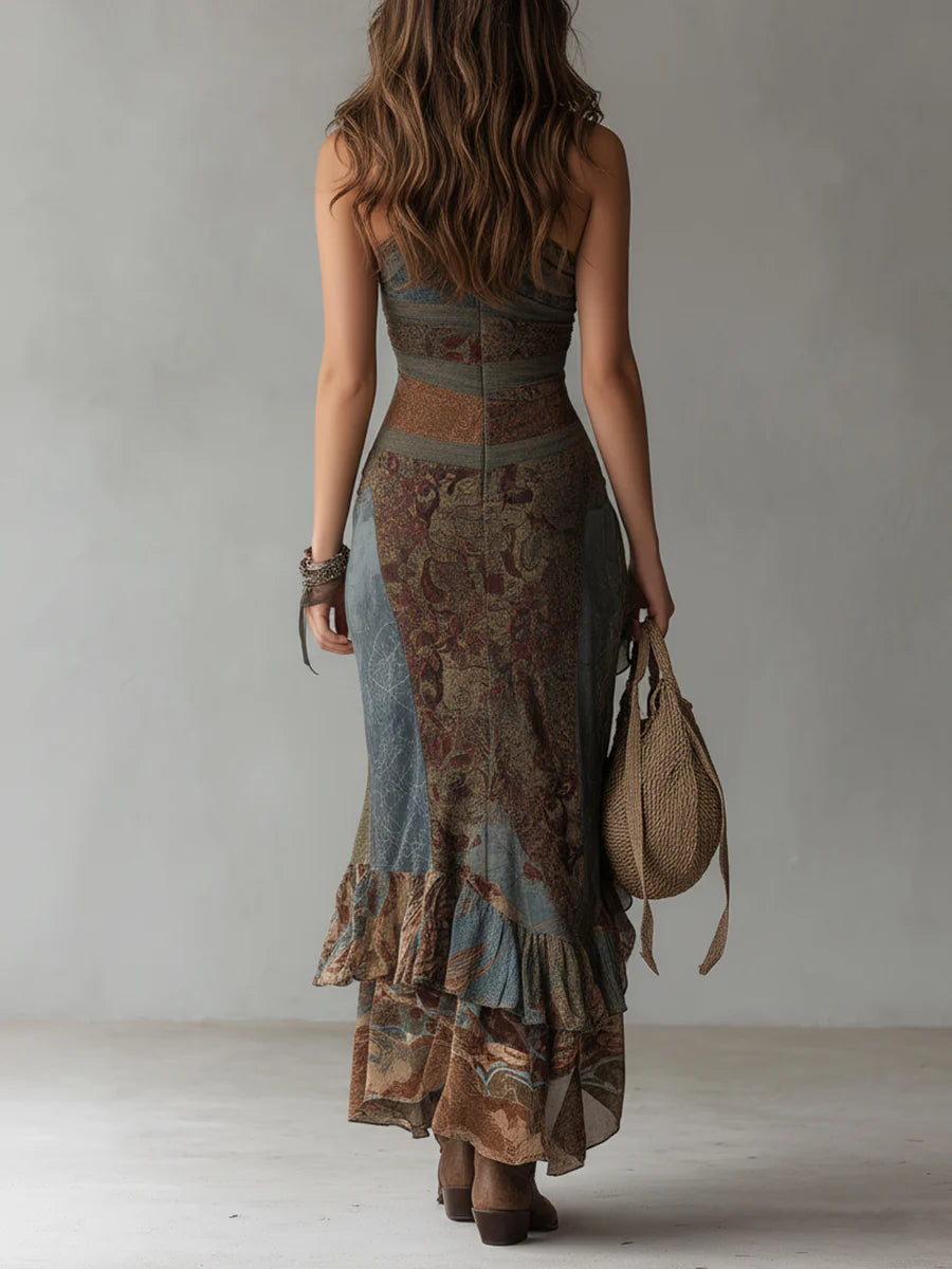 Elena | Vestido Largo de un Hombro con Estampado Étnico