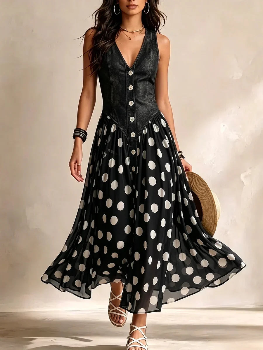 Adeline | Vestido Largo Efecto Mezclilla con Falda de Lunares