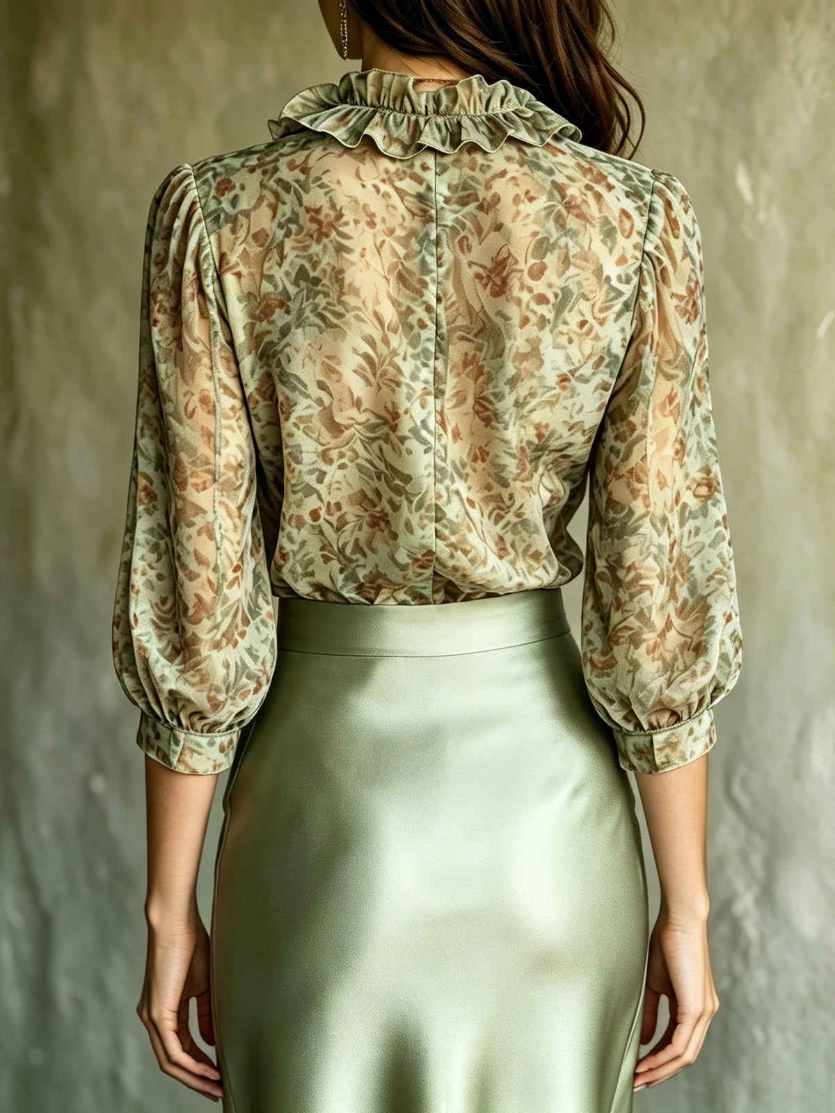Giuliana | Conjunto de Blusa Floral y Falda de Satín, Verde Salvia