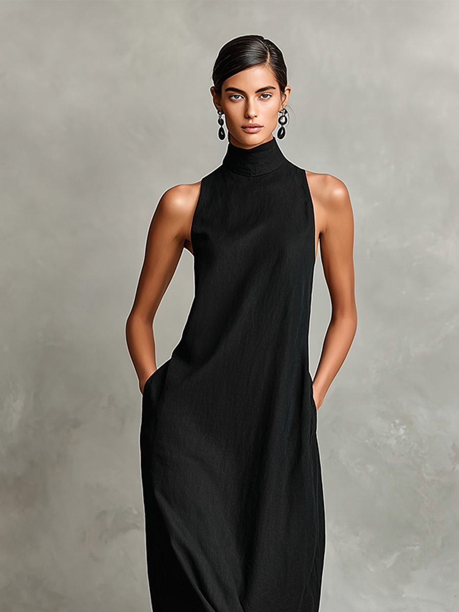 Eva | Vestido Largo de Lino con Cuello Alto
