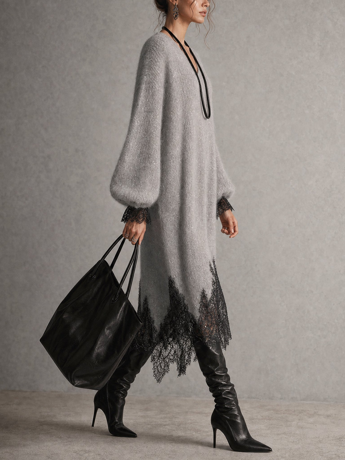 Gema | Vestido Midi de Punto Gris con Bajo de Encaje