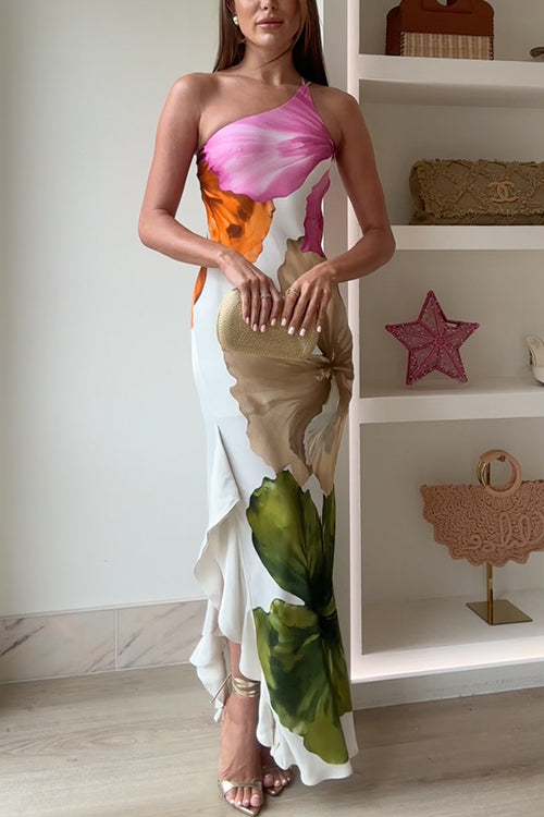 Vestido maxi estampado floral de un solo hombro, con drapeado lateral, volante y abertura