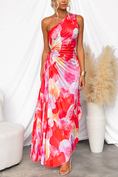 Vestido maxi plisado asimétrico de un solo hombro con estampado