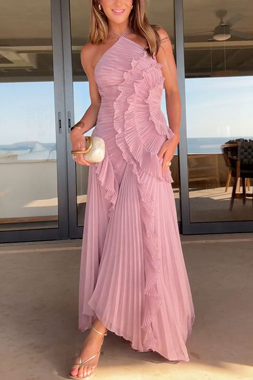 Margovil Vestido Maxi Plisado con Tirantes y Cuello Halter, Ribete de Volantes y Dobladillo Asimétrico