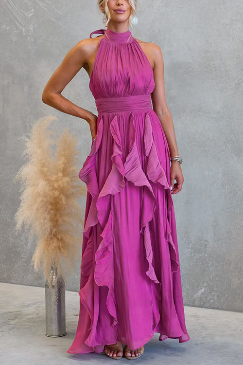 Vestido maxi con escote halter y volantes de caída fluida
