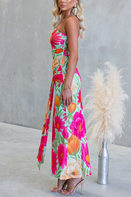 Vestido maxi drapeado de un solo hombro, sin mangas, con estampado floral
