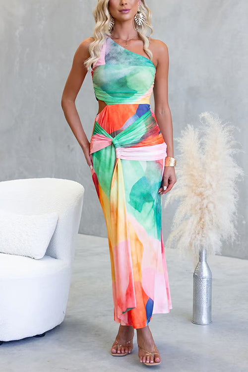 Vestido maxi estampado de un solo hombro con recorte en la cintura