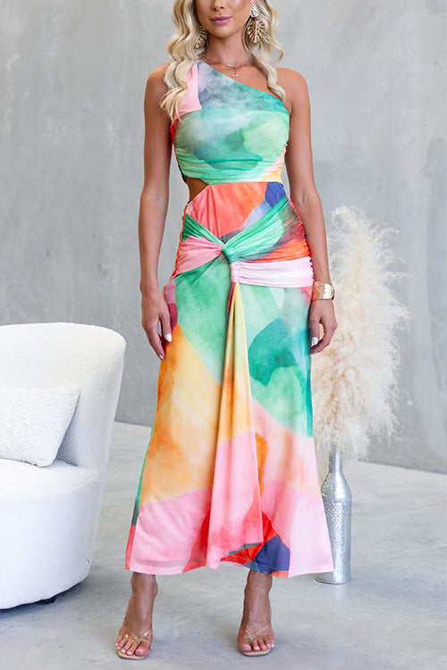 Vestido maxi estampado de un solo hombro con recorte en la cintura