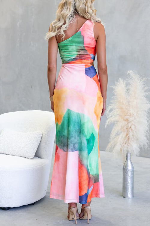 Vestido maxi estampado de un solo hombro con recorte en la cintura