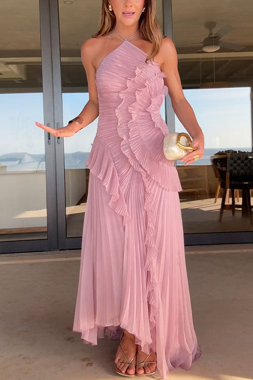 Margovil Vestido Maxi Plisado con Tirantes y Cuello Halter, Ribete de Volantes y Dobladillo Asimétrico