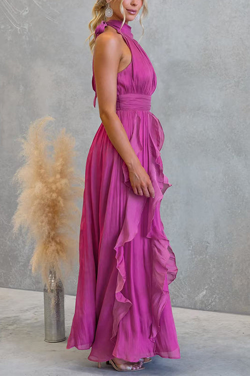 Vestido maxi con escote halter y volantes de caída fluida