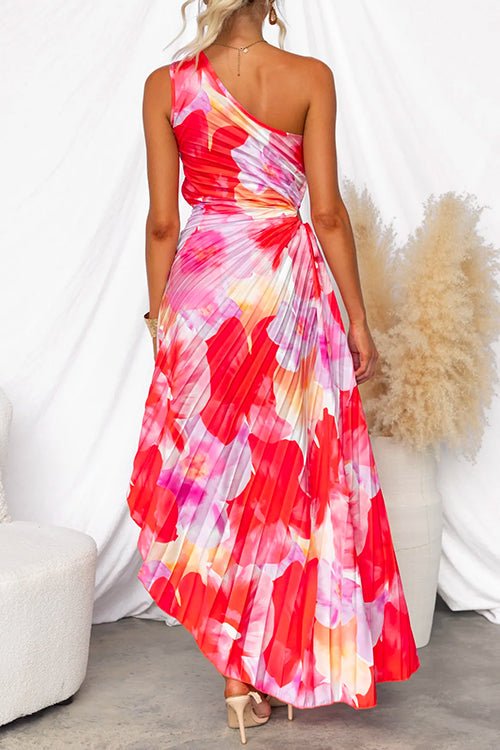 Vestido maxi plisado asimétrico de un solo hombro con estampado