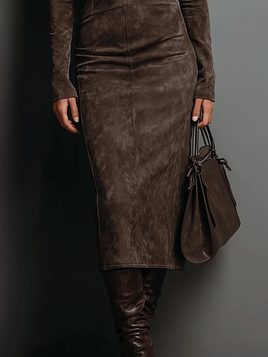 Lorène | Vestido Midi Café Efecto Ante
