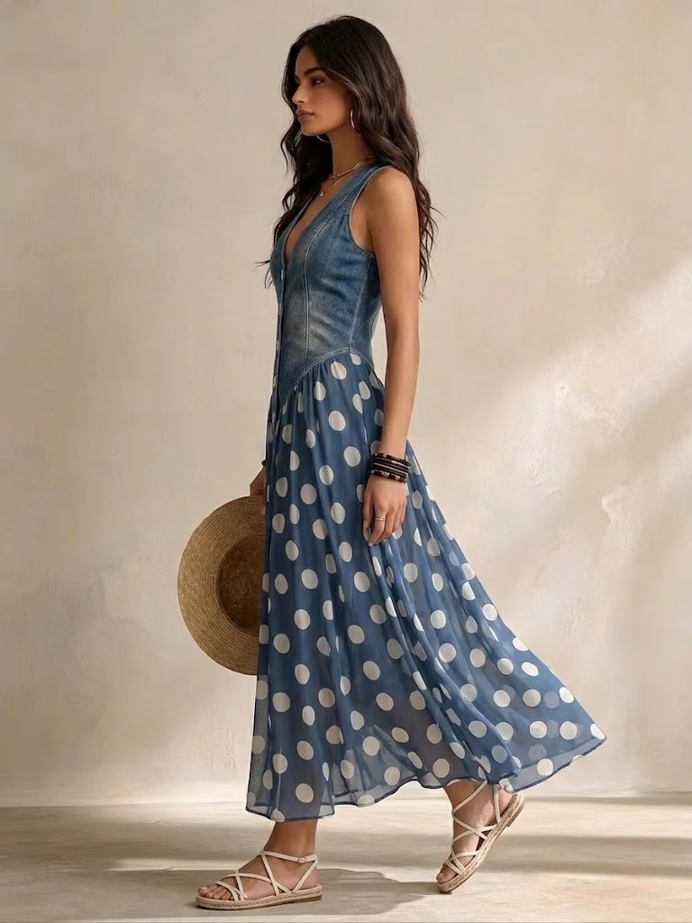 Adeline | Vestido Largo Efecto Mezclilla con Falda de Lunares