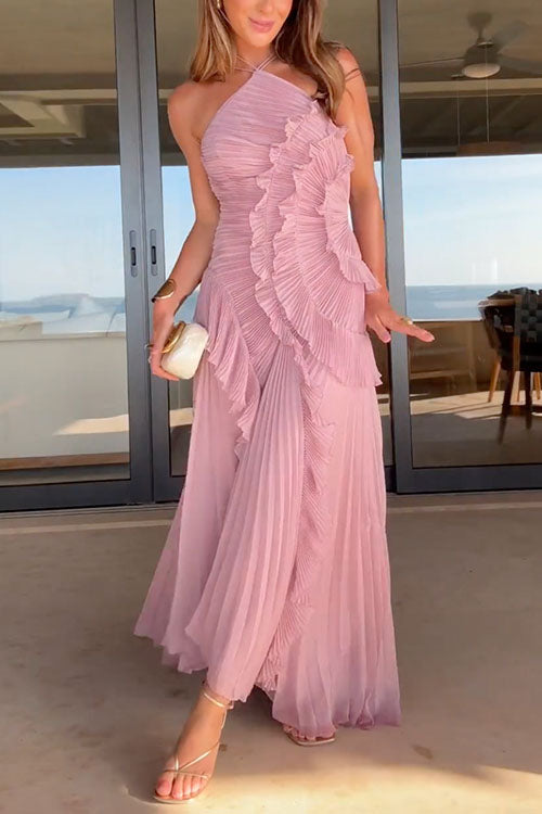 Margovil Vestido Maxi Plisado con Tirantes y Cuello Halter, Ribete de Volantes y Dobladillo Asimétrico