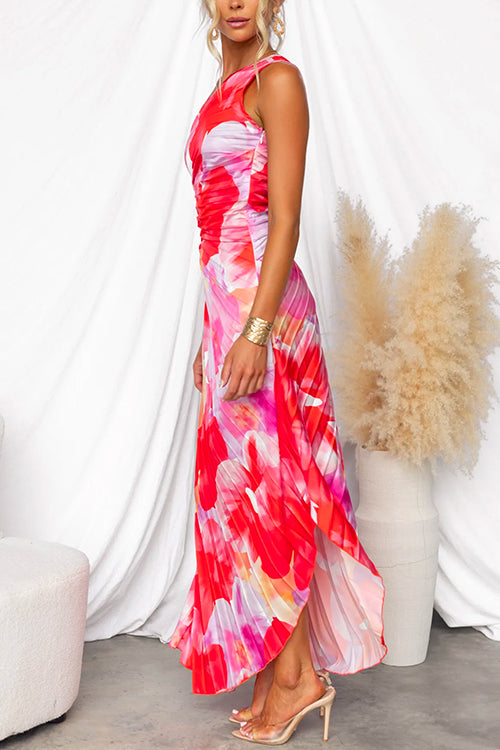 Vestido maxi plisado asimétrico de un solo hombro con estampado