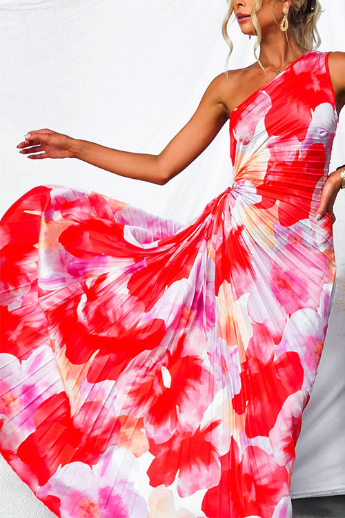 Vestido maxi plisado asimétrico de un solo hombro con estampado