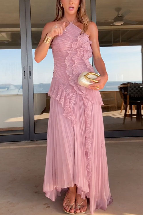 Margovil Vestido Maxi Plisado con Tirantes y Cuello Halter, Ribete de Volantes y Dobladillo Asimétrico