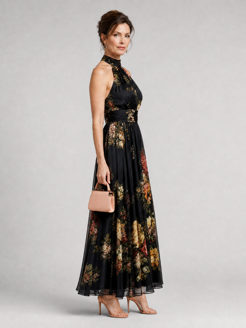 Valentina | Vestido midi con estampado floral y cuello halter