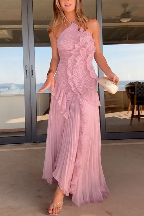 Margovil Vestido Maxi Plisado con Tirantes y Cuello Halter, Ribete de Volantes y Dobladillo Asimétrico