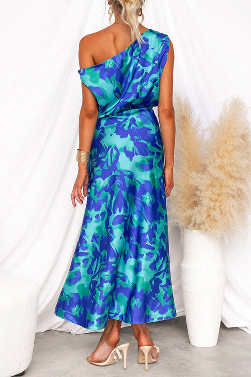 Vestido maxi estampado floral de un solo hombro con cintura atada y abertura