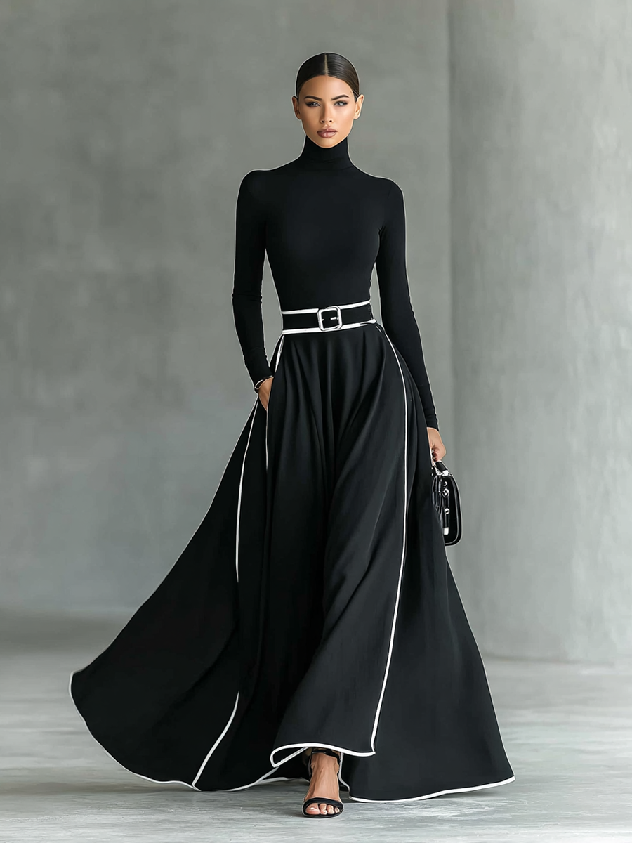 Gina – Abito Maxi Donna Nero con Cuciture Bianche e Collo Alto, Maniche Lunghe, Vita Sottile