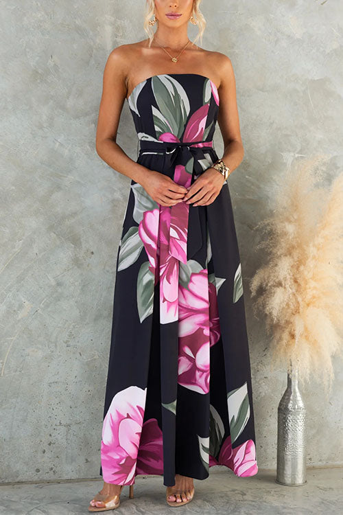 Vestido sin tirantes con cintura anudada, pierna amplia y estampado floral