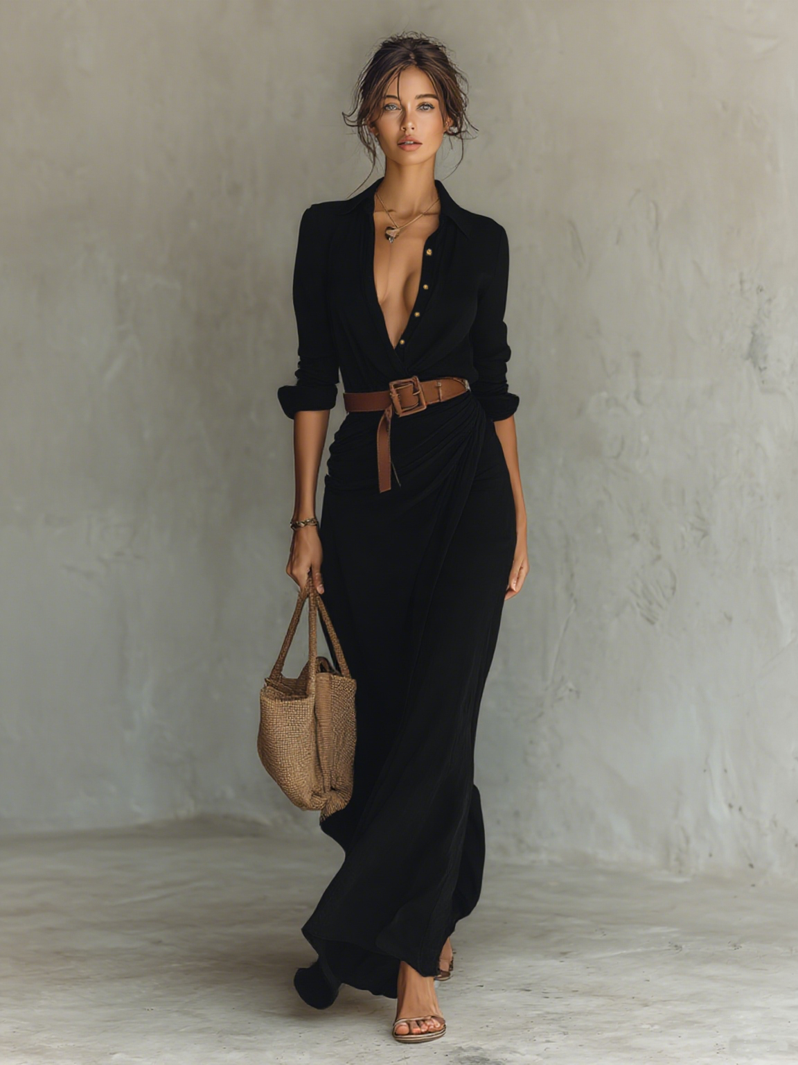 Vestido Maxi Largo con Cuello y Cintura Incluida