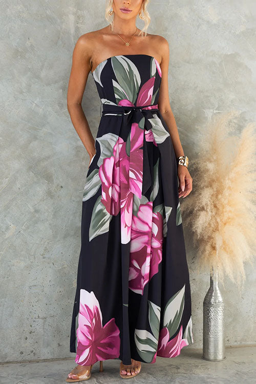 Vestido sin tirantes con cintura anudada, pierna amplia y estampado floral