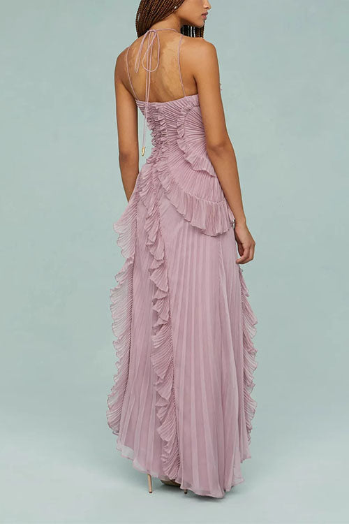 Margovil Vestido Maxi Plisado con Tirantes y Cuello Halter, Ribete de Volantes y Dobladillo Asimétrico