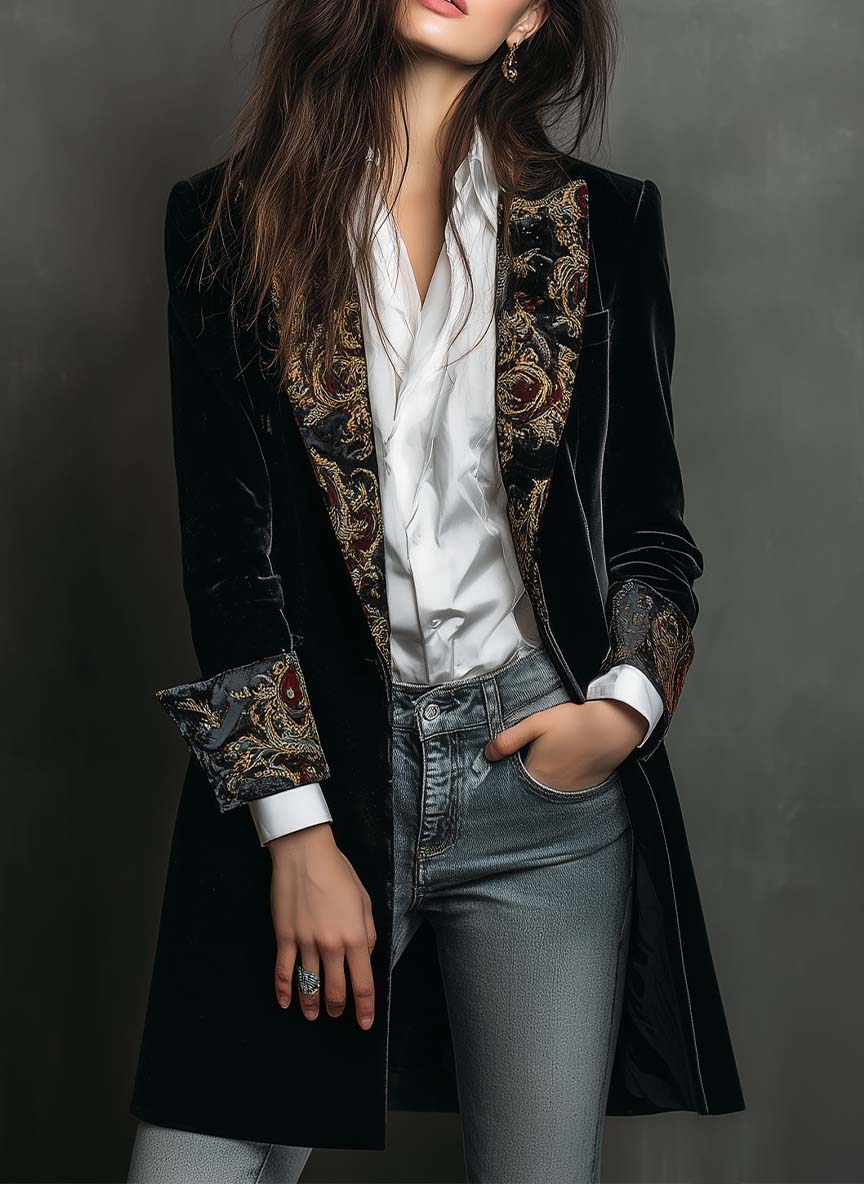 Leontina | Saco entallado con estampado barroco negro