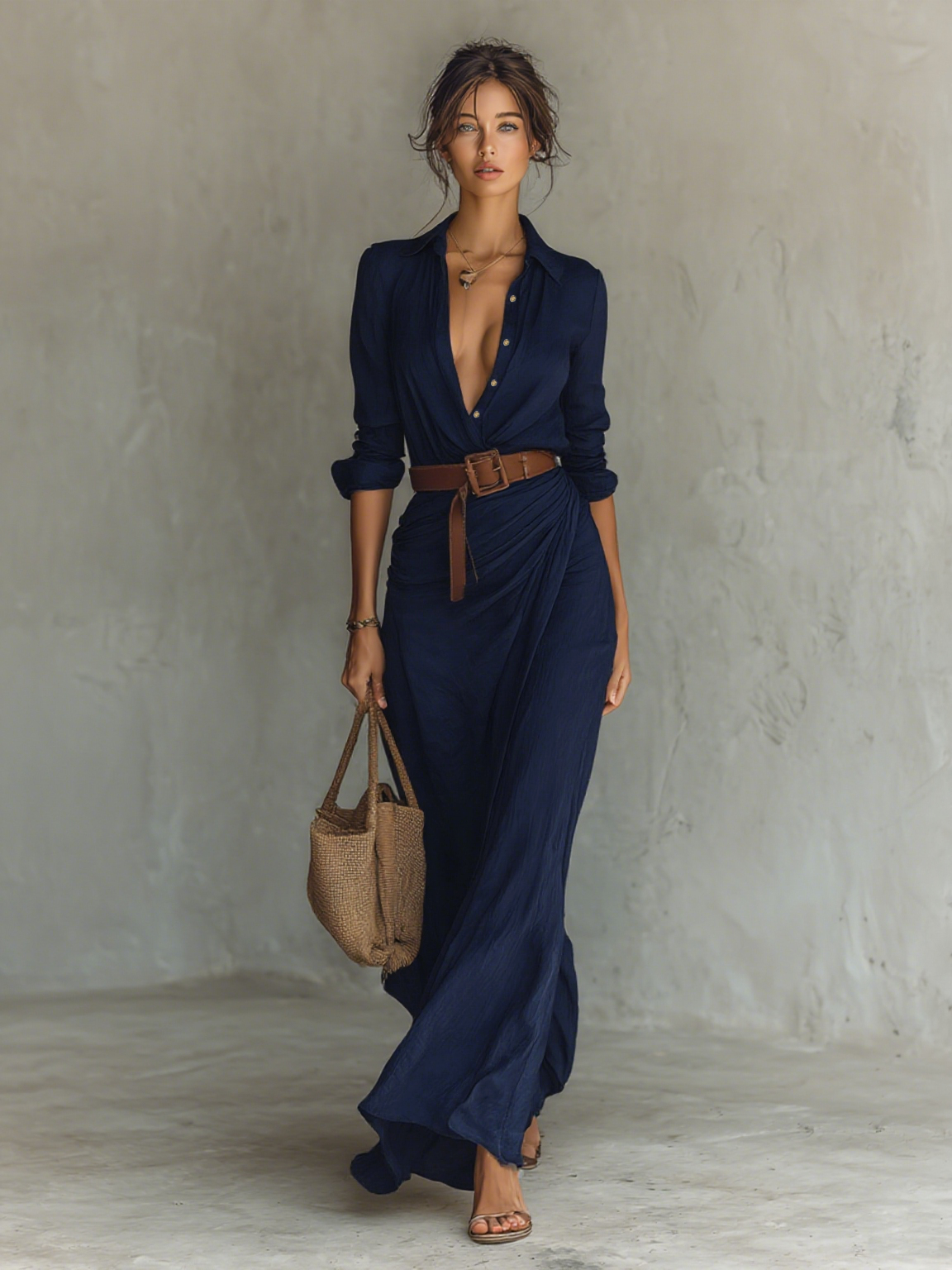 Vestido Maxi Largo con Cuello y Cintura Incluida