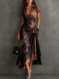 Renata | Vestido Midi Cruzado con Estampado Abstracto Café