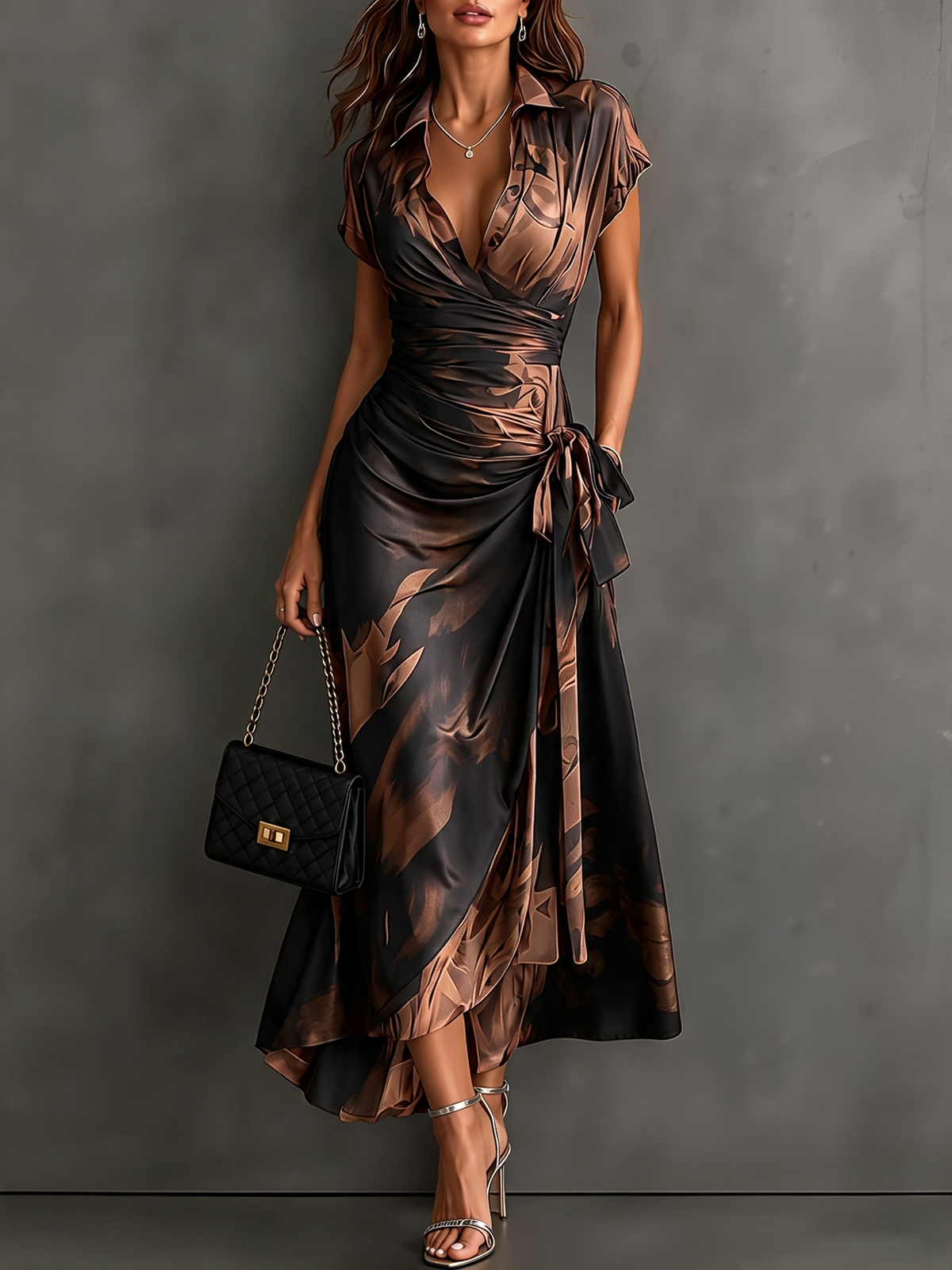 Renata | Vestido Midi Cruzado con Estampado Abstracto Café