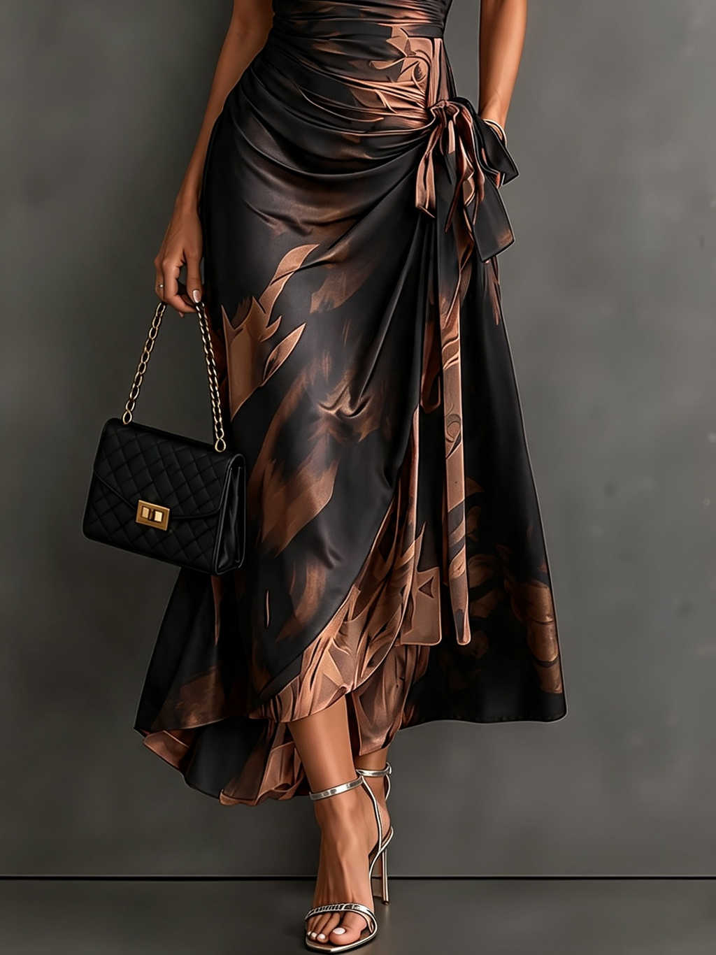Renata | Vestido Midi Cruzado con Estampado Abstracto Café
