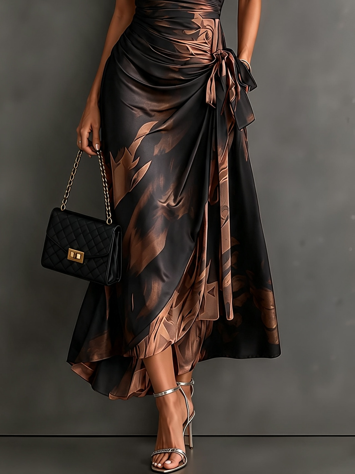 Renata | Vestido Midi Cruzado con Estampado Abstracto Café