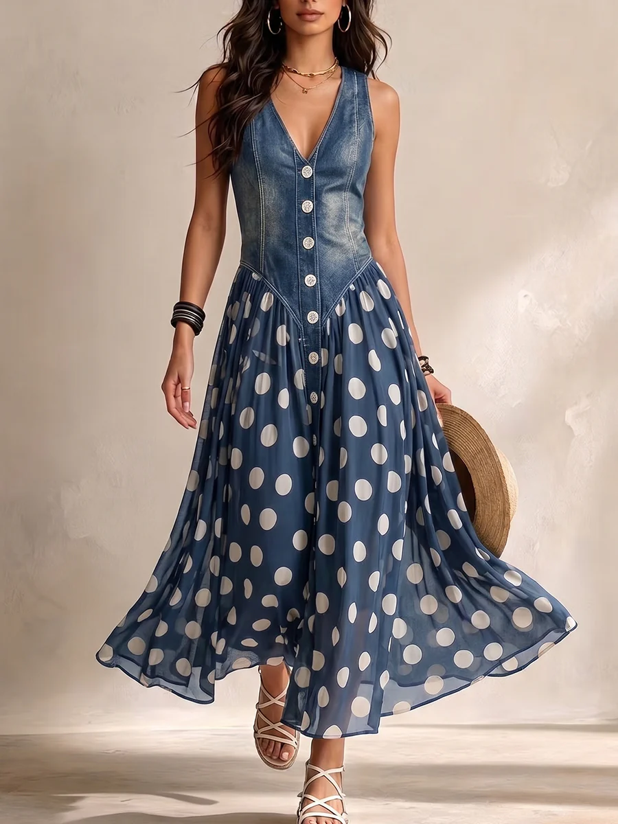 Adeline | Vestido Largo Efecto Mezclilla con Falda de Lunares