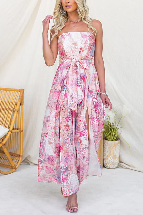 Vestido sin tirantes de estampado floral con lazo en la cintura y abertura en la pierna, de pierna ancha