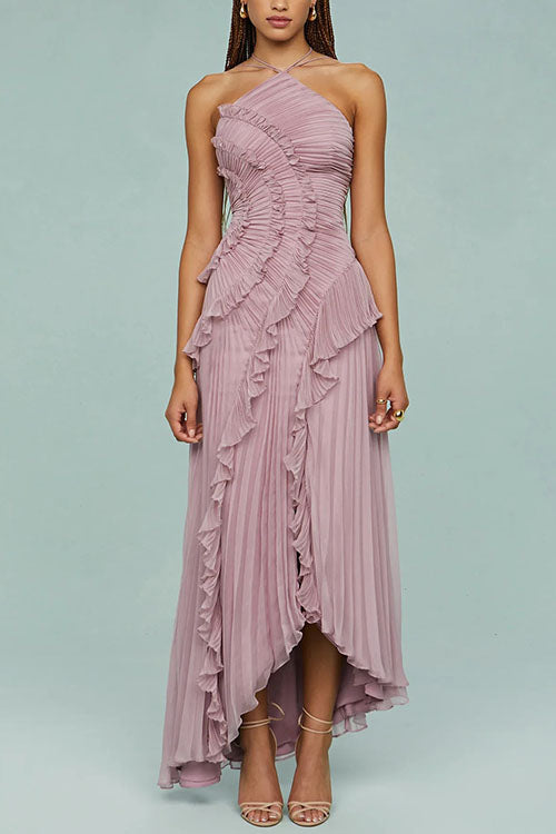 Margovil Vestido Maxi Plisado con Tirantes y Cuello Halter, Ribete de Volantes y Dobladillo Asimétrico
