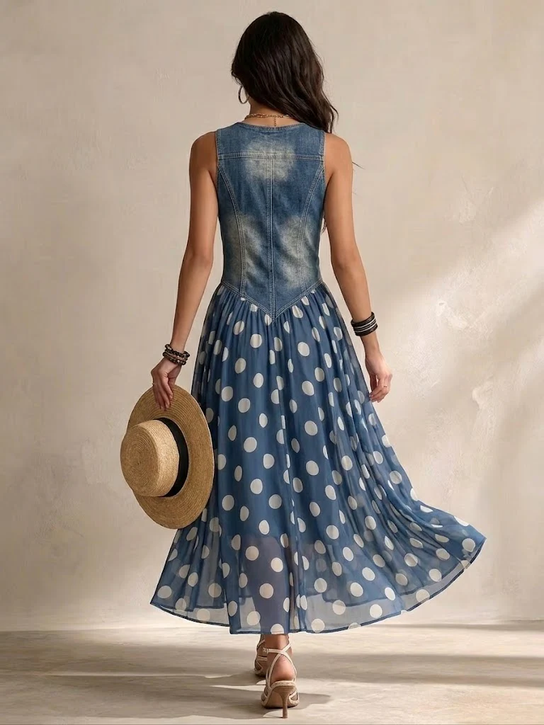 Adeline | Vestido Largo Efecto Mezclilla con Falda de Lunares