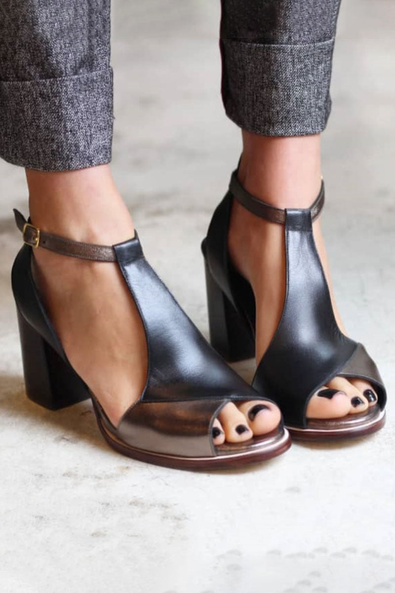 Blanca™ - Sandalias negras de tacón alto con puntera abierta en patchwork