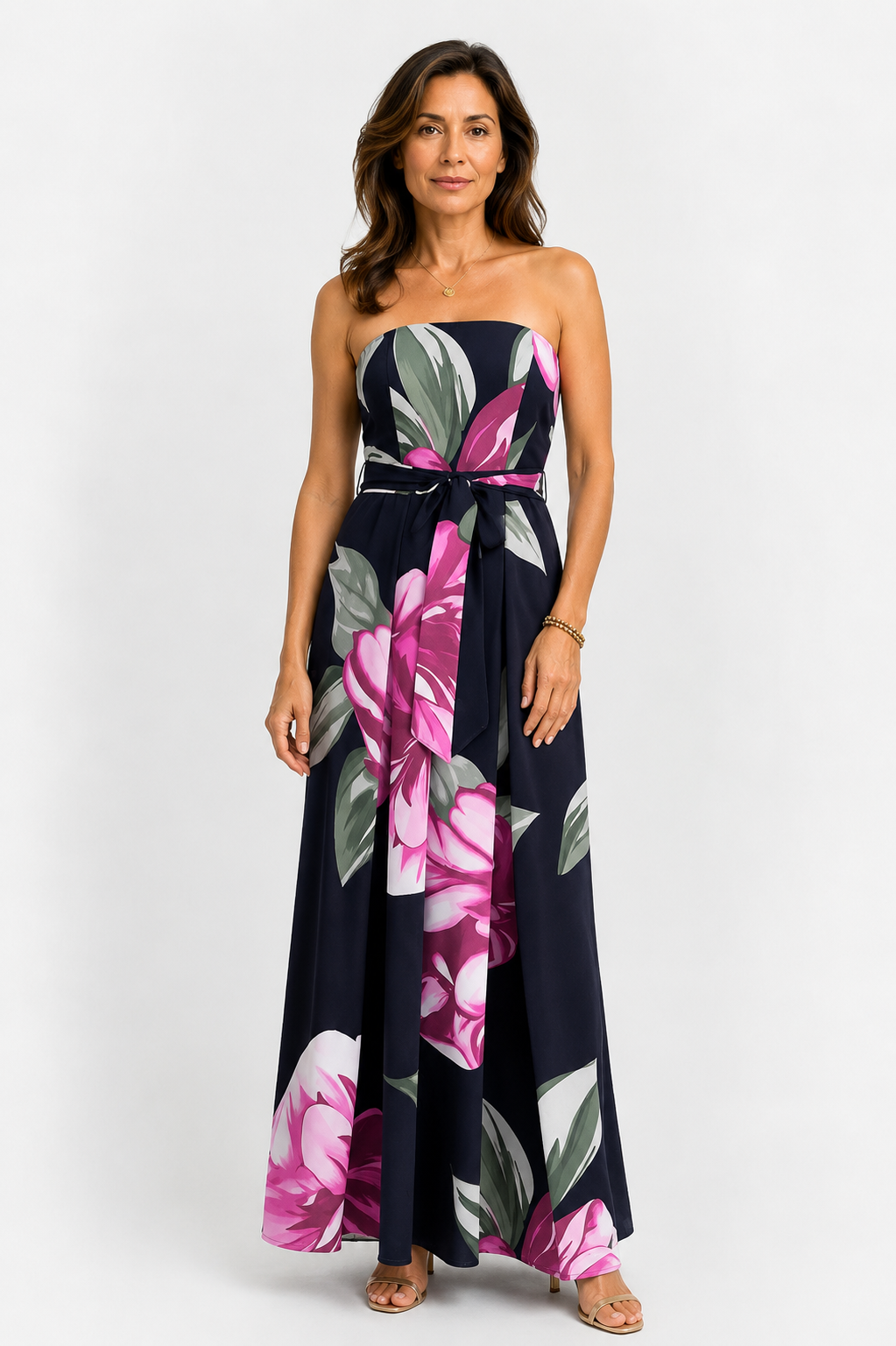 Vestido sin tirantes con cintura anudada, pierna amplia y estampado floral