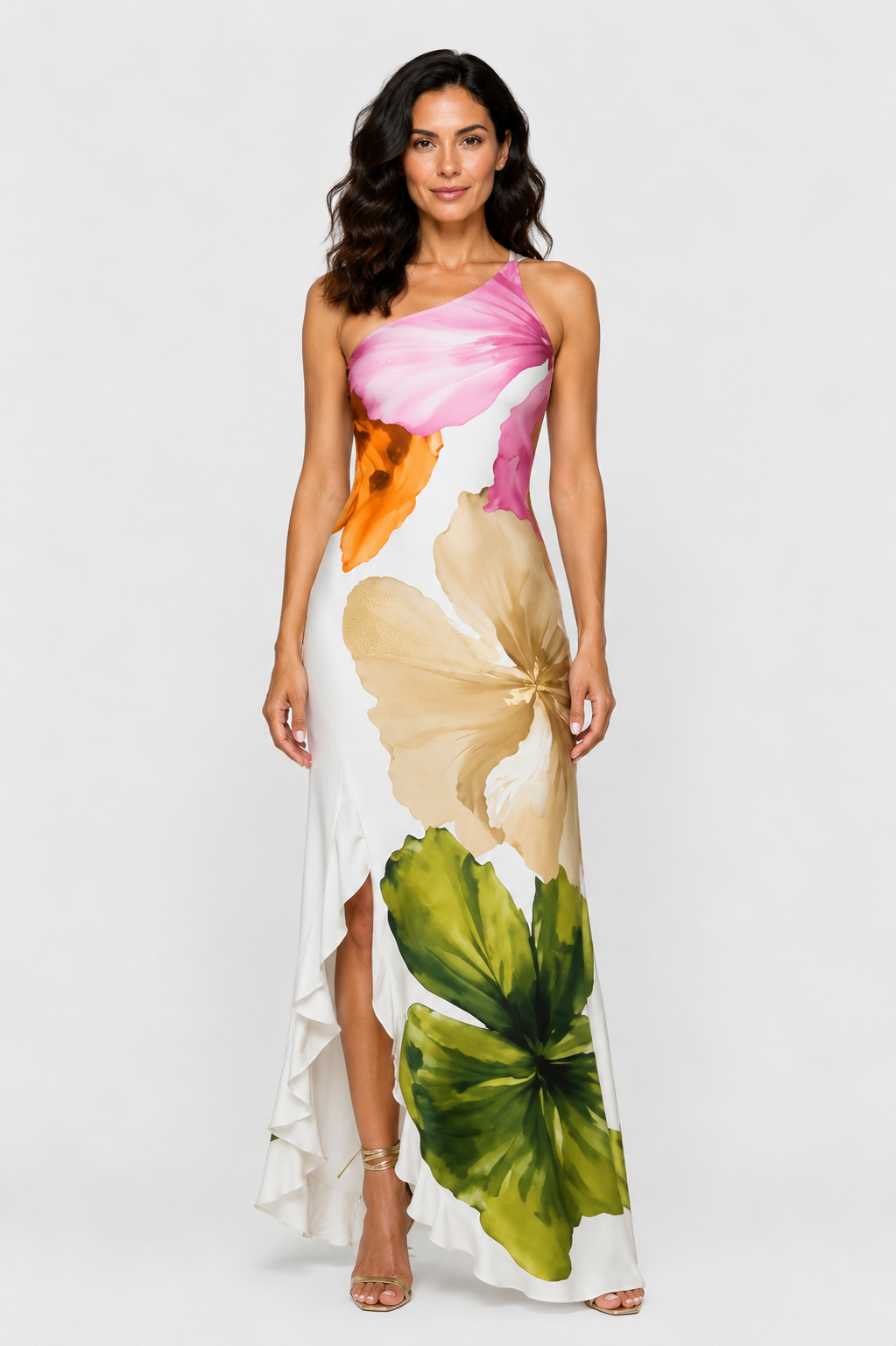 Vestido maxi estampado floral de un solo hombro, con drapeado lateral, volante y abertura