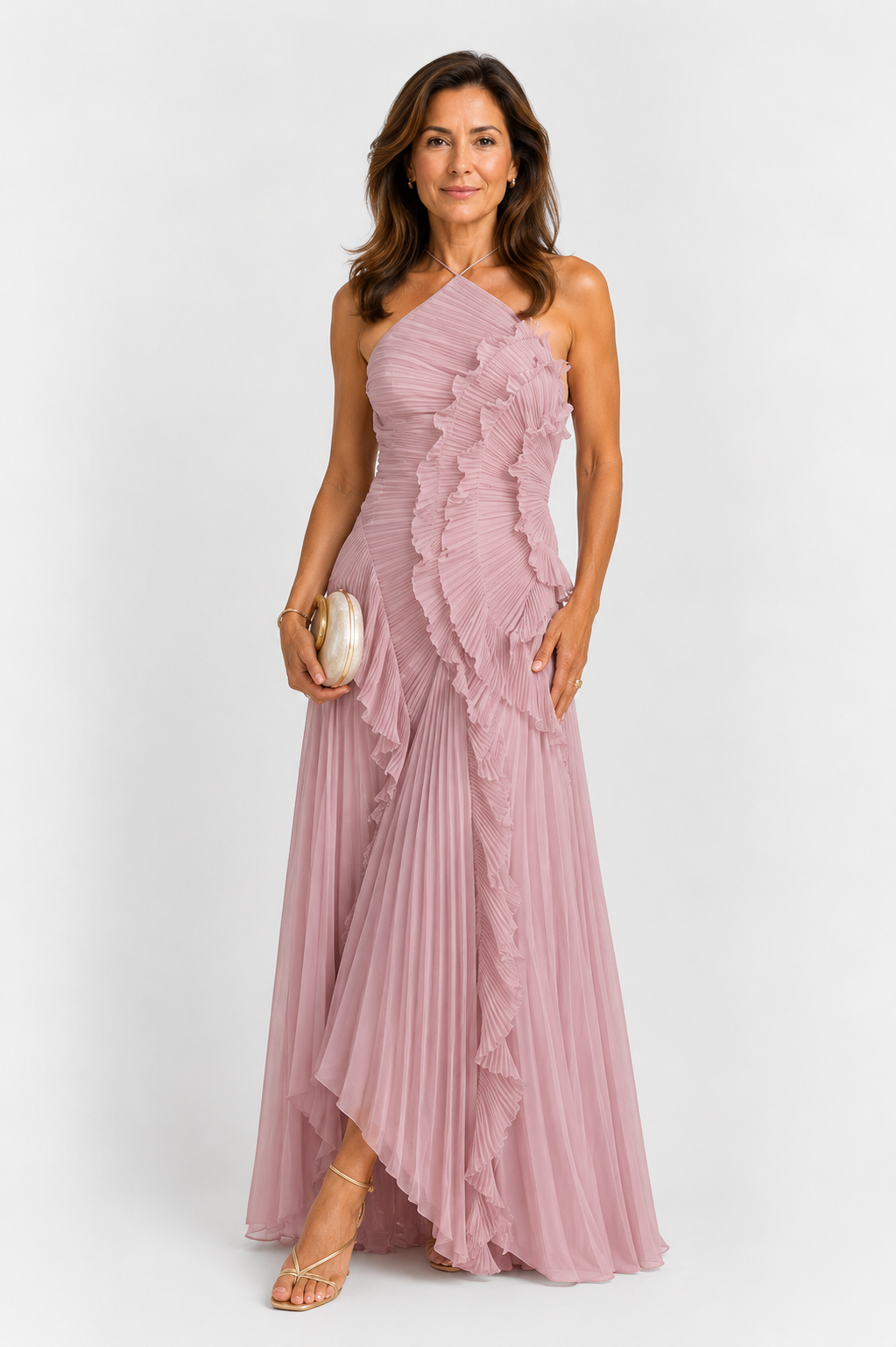 Margovil Vestido Maxi Plisado con Tirantes y Cuello Halter, Ribete de Volantes y Dobladillo Asimétrico