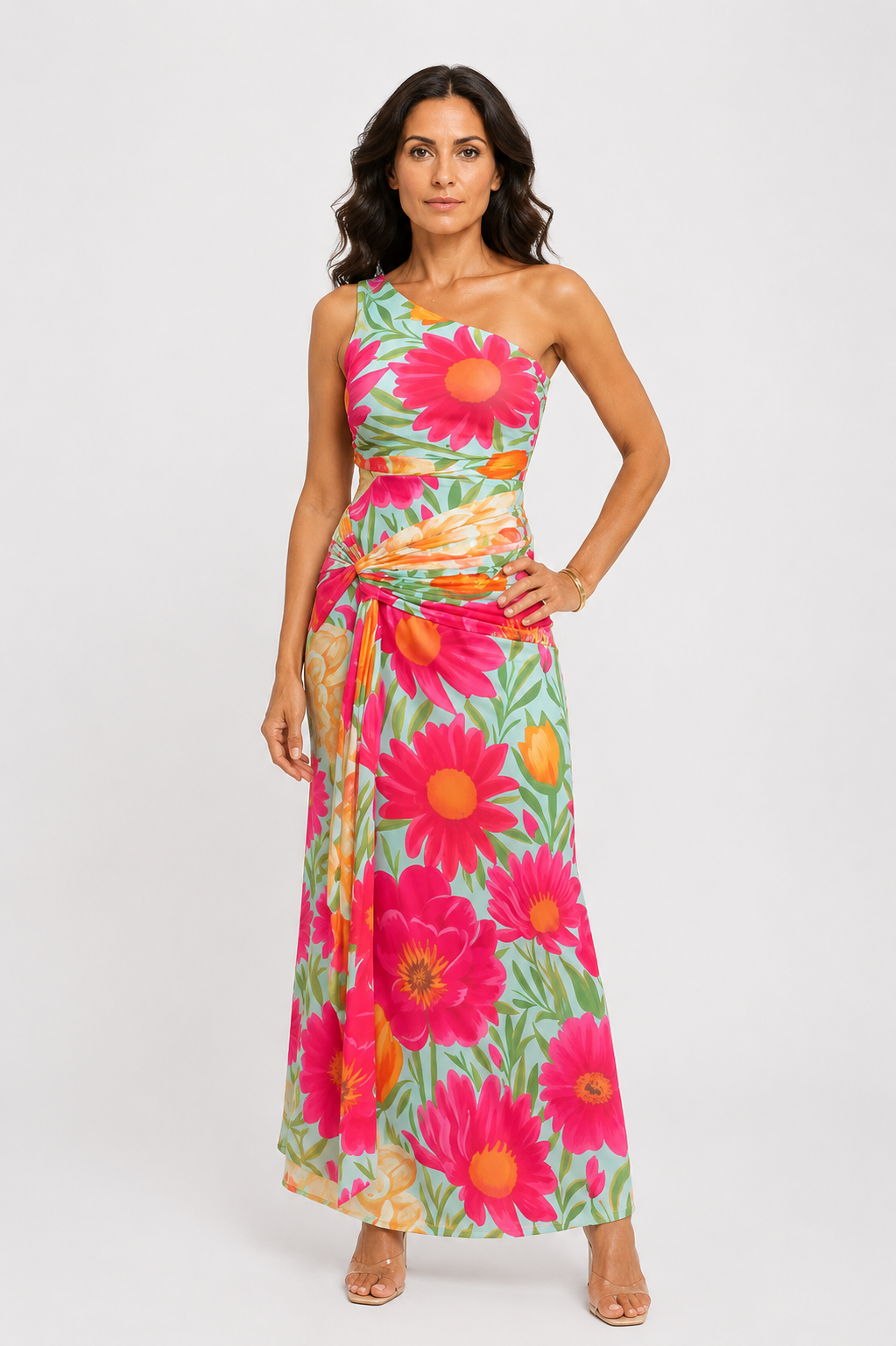 Vestido maxi drapeado de un solo hombro, sin mangas, con estampado floral