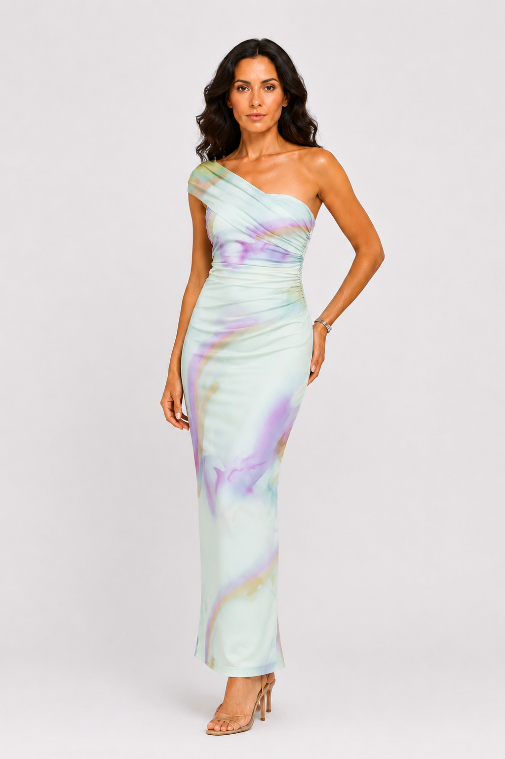 Vestido maxi ajustado de un solo hombro con remolino de acuarela
