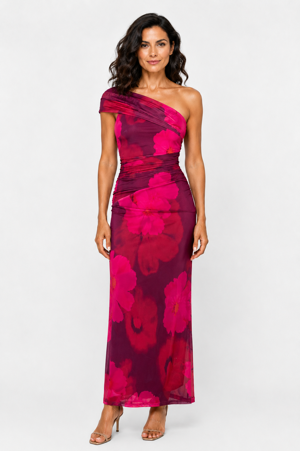 Vestido maxi ceñido de un solo hombro con malla y estampado floral