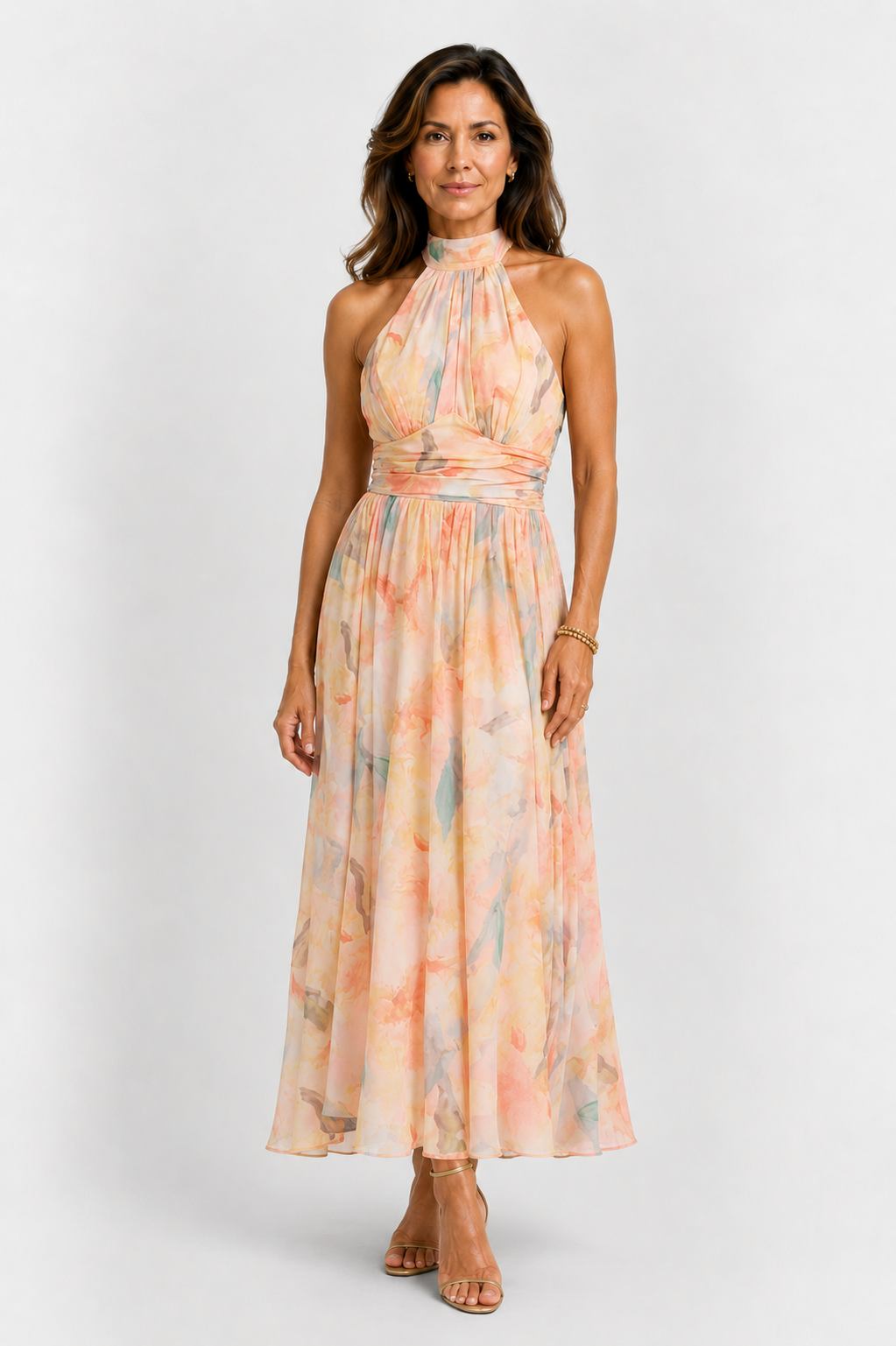 Vestido maxi con escote halter y espalda descubierta, cintura entallada, estampado en acuarela