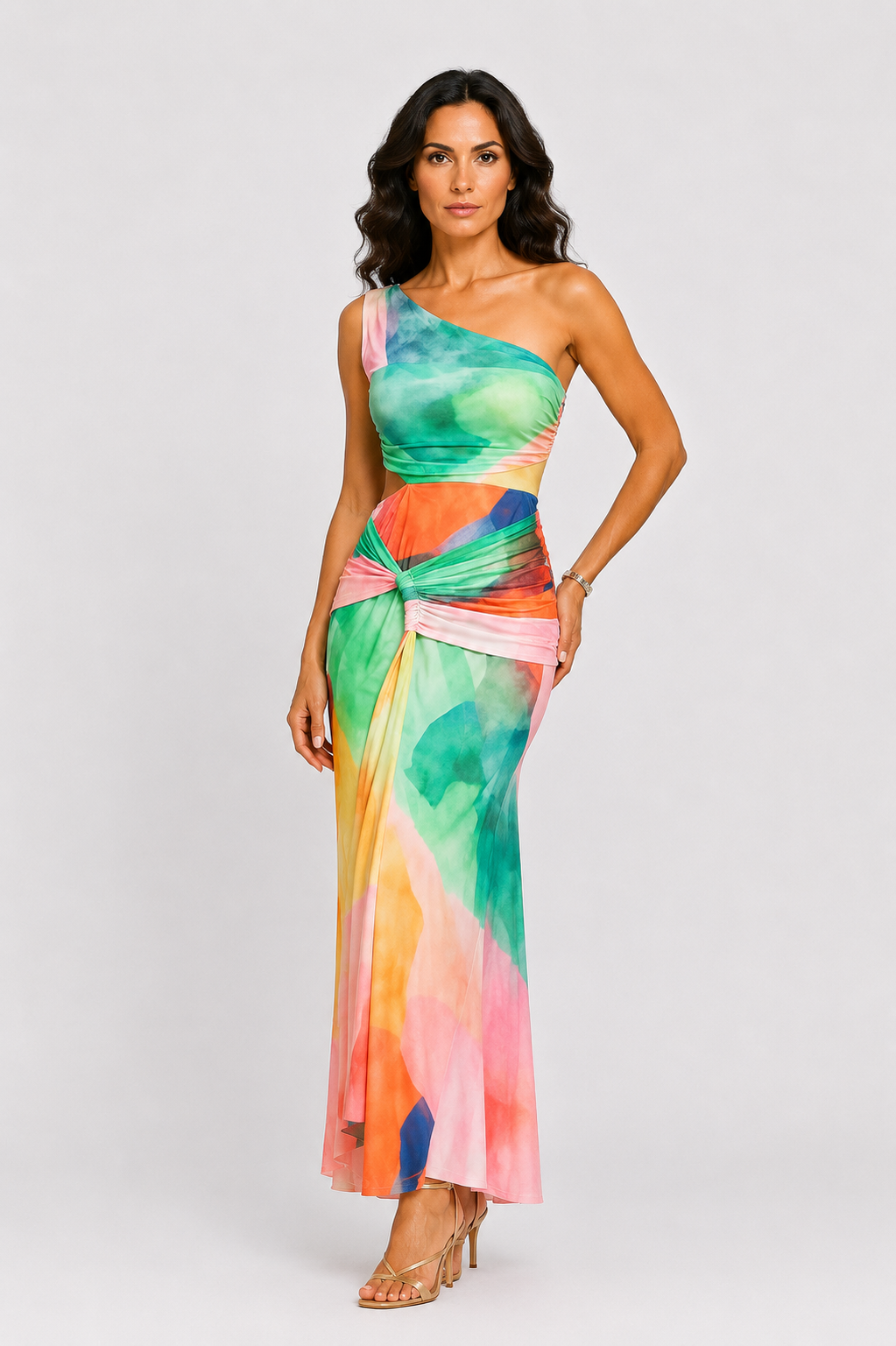 Vestido maxi estampado de un solo hombro con recorte en la cintura